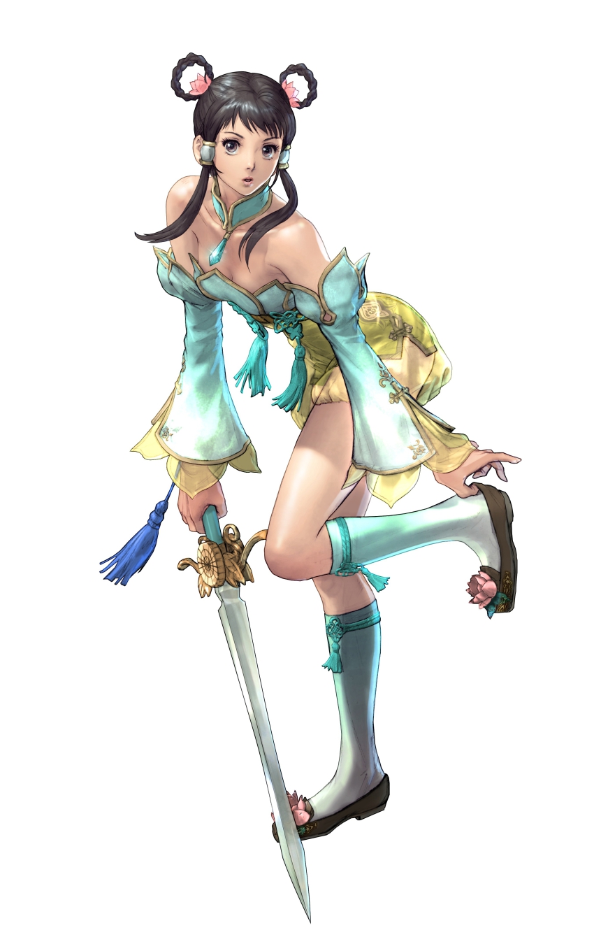 1girl, absurdres, alternate_costume, aqua_detached_collar, aqua_detached_sleeves, aqua_dress, black_hair, breasts