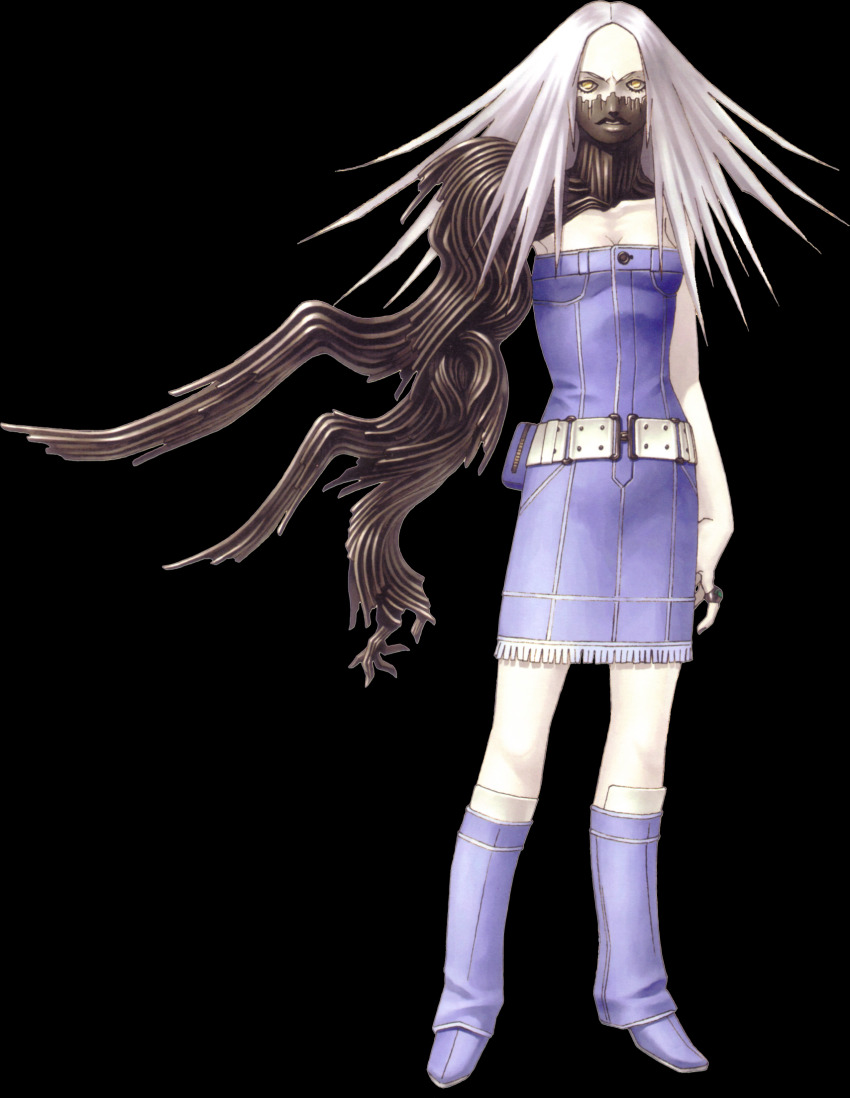 1girl, bare_shoulders, belt, blue_boots, blue_dress, boots, breasts, cleavage