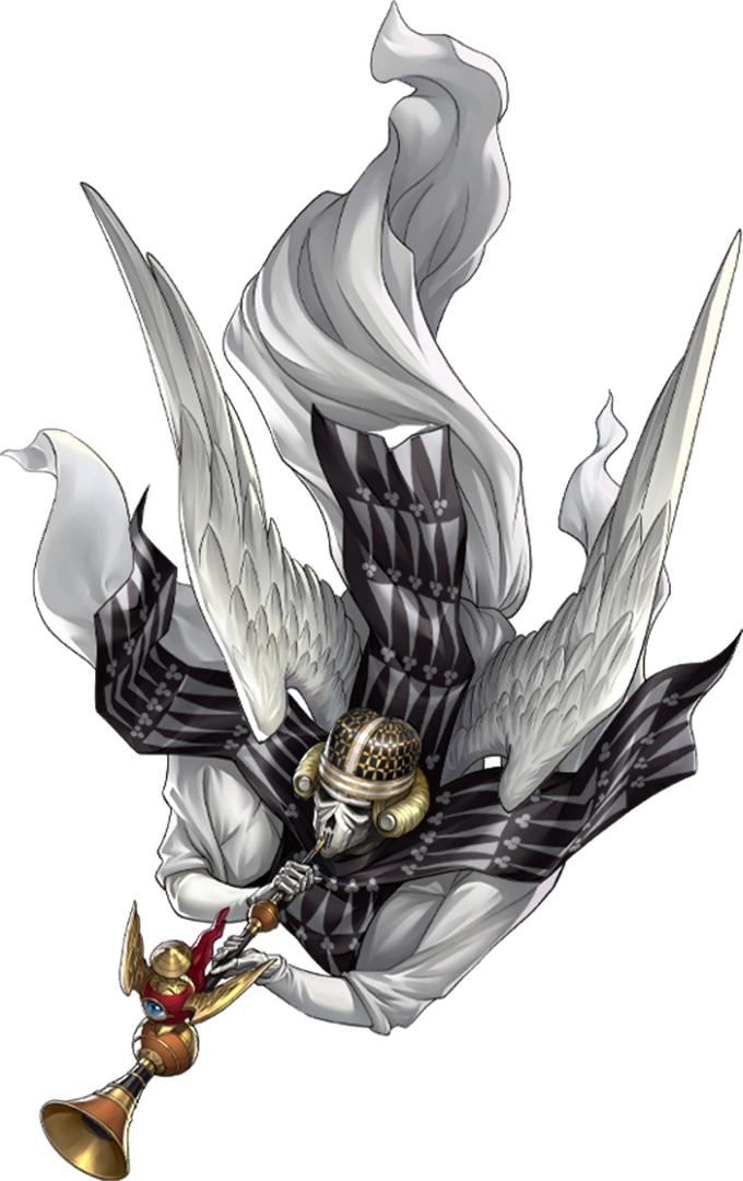 1boy, angel, angel_wings, artist_request, demon_(megami_tensei), feathered_wings, hat, holding