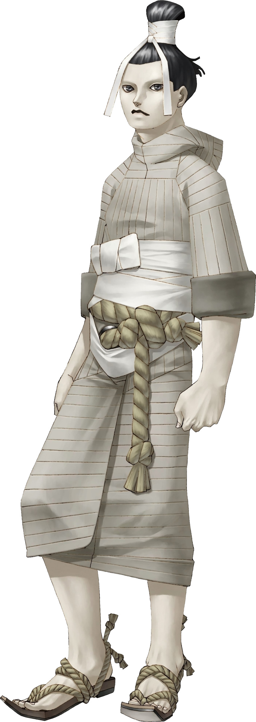 1boy, absurdres, black_eyes, black_hair, closed_mouth, futomimi_(megami_tensei), highres, kazuma_kaneko, official_art, rope, sandals, sash, shin_megami_tensei, shin_megami_tensei_iii:_nocturne, solo, standing, third-party_source, topknot, transparent_background