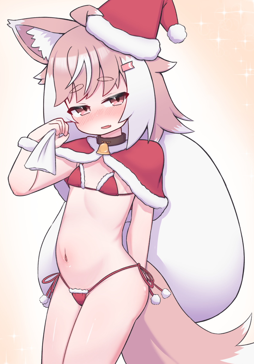 1girl, absurdres, animal_ear_fluff, animal_ears, bikini, blush, capelet, christmas, collar, fur-trimmed_capelet, fur-trimmed_headwear, fur_trim, hair_ornament, hairclip, hat, highres, holding, holding_sack, loli, multicolored_hair, navel, nose_blush, original, red_bikini, red_capelet, roro_(roshi_to), roshi_to, sack, santa_bikini, santa_costume, santa_hat, solo, swimsuit, tail, thick_eyebrows