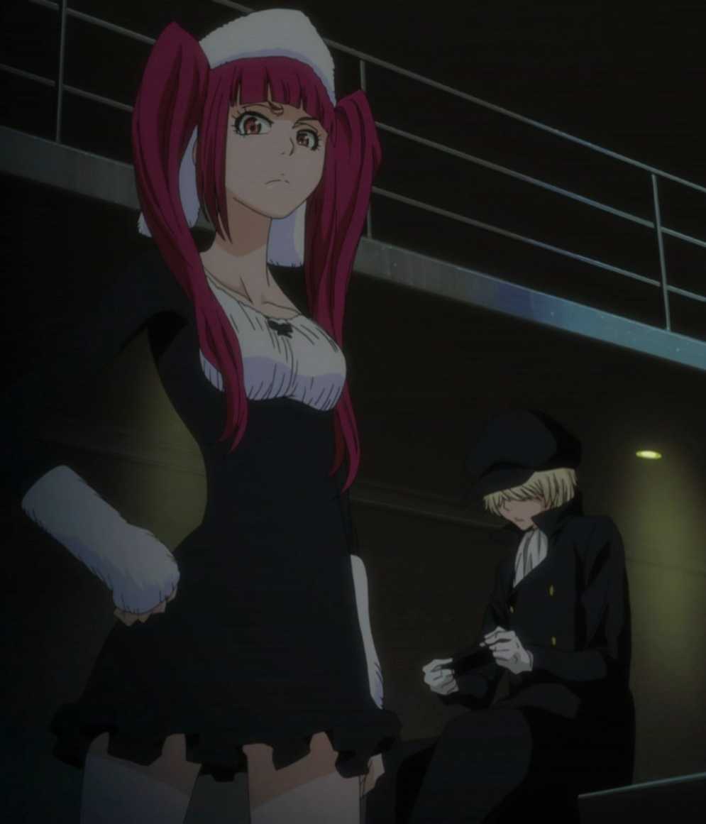 anime_screenshot, bleach, blonde_hair, dokugamine_riruka, hat, long_hair, pink_hair, red_eyes, stitched, third-party_edit, twintails, yukio_hans_vorarlberna