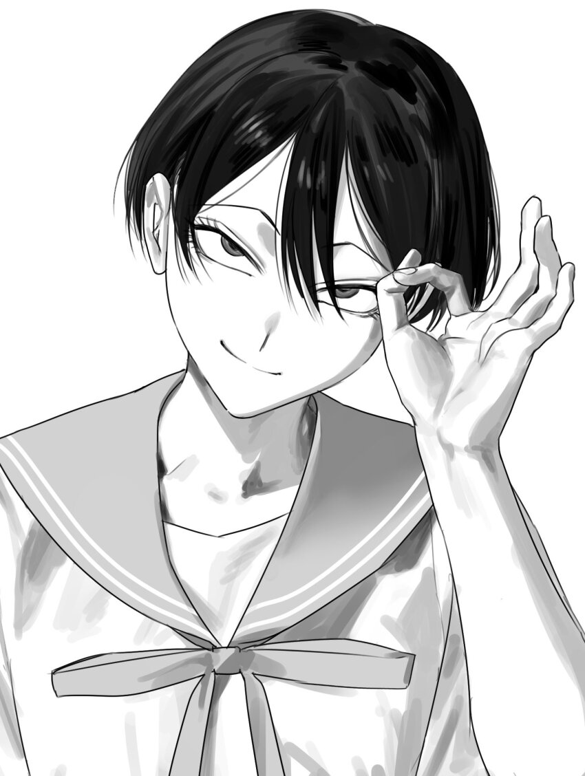 1girl, aa_kabeuchi, closed_mouth, commentary_request, double-parted_bangs, greyscale, hair_between_eyes, hand_up