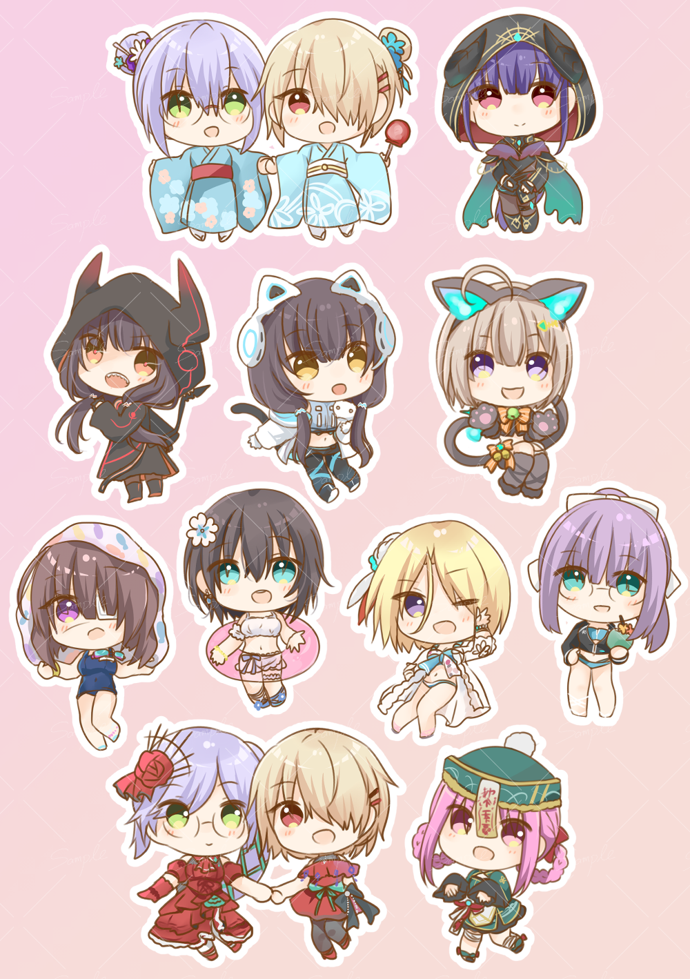 6+girls, :d, ;d, ahoge, alternate_costume, alternate_hairstyle, animal_ear_hairband, animal_ear_headphones