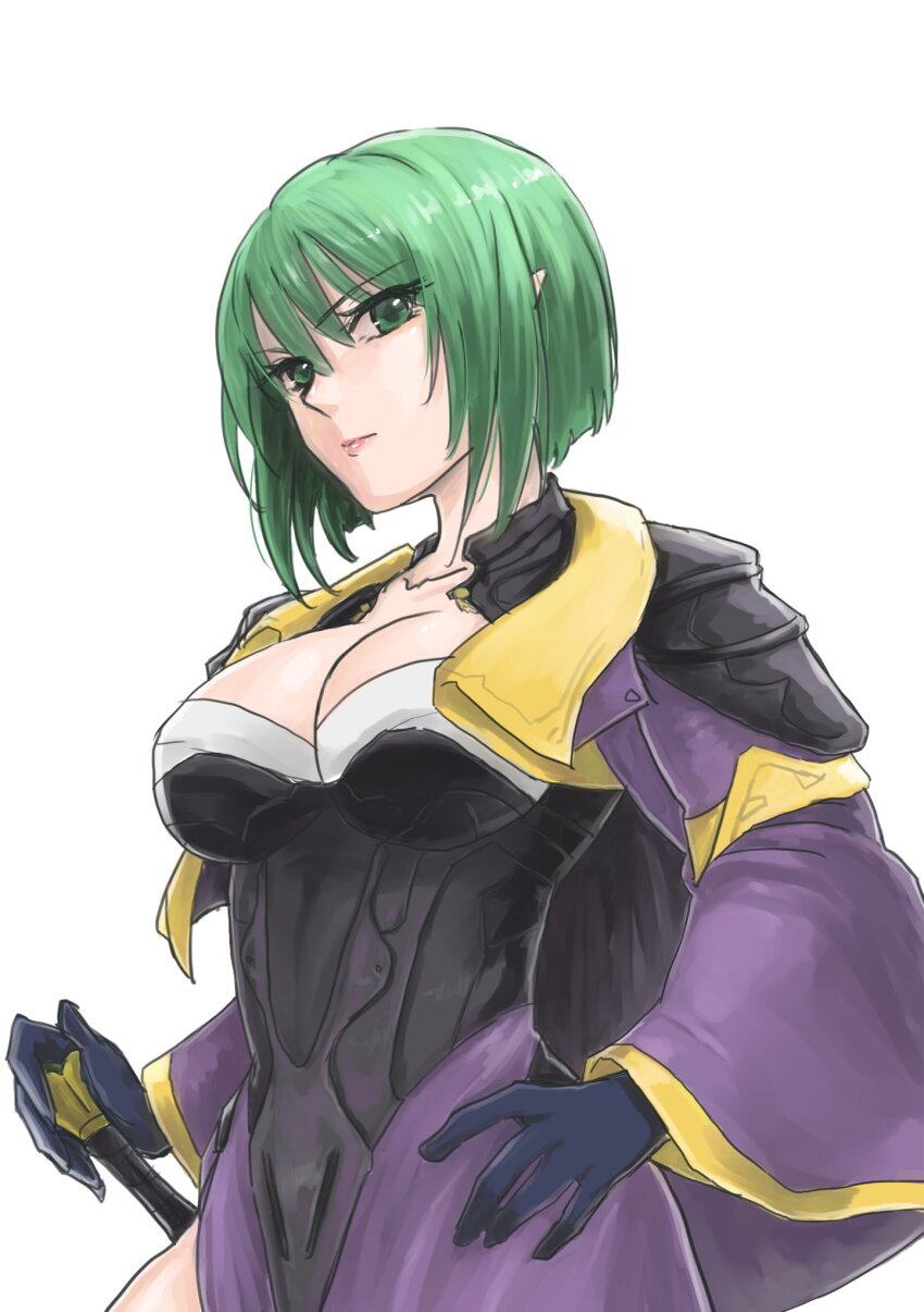 1girl, black_gloves, breasts, chickenkue, cleavage, closed_mouth, gloves, green_hair