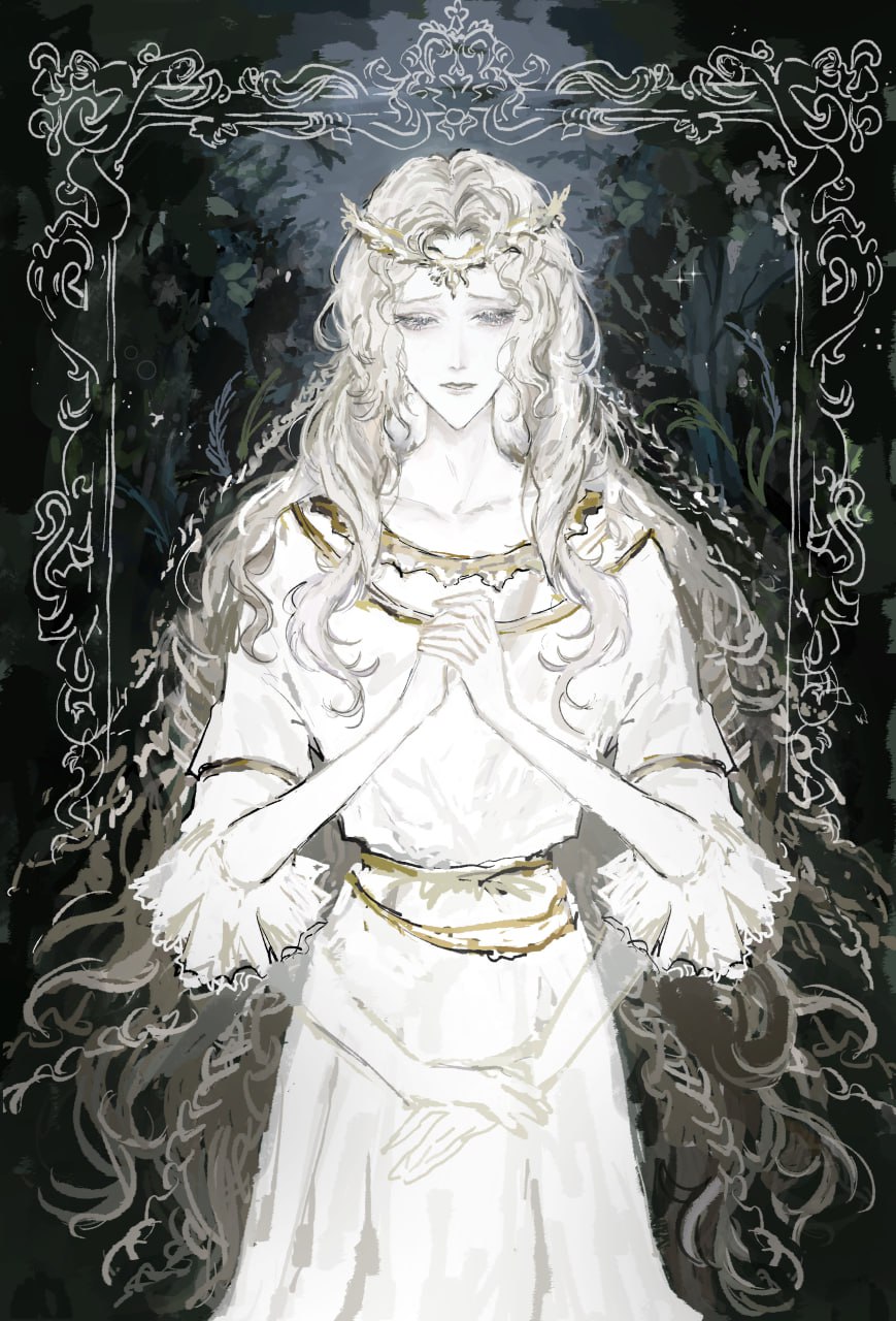 1boy, aegyo_sal, androgynous, blonde_hair, border, circlet, colored_eyelashes, commentary