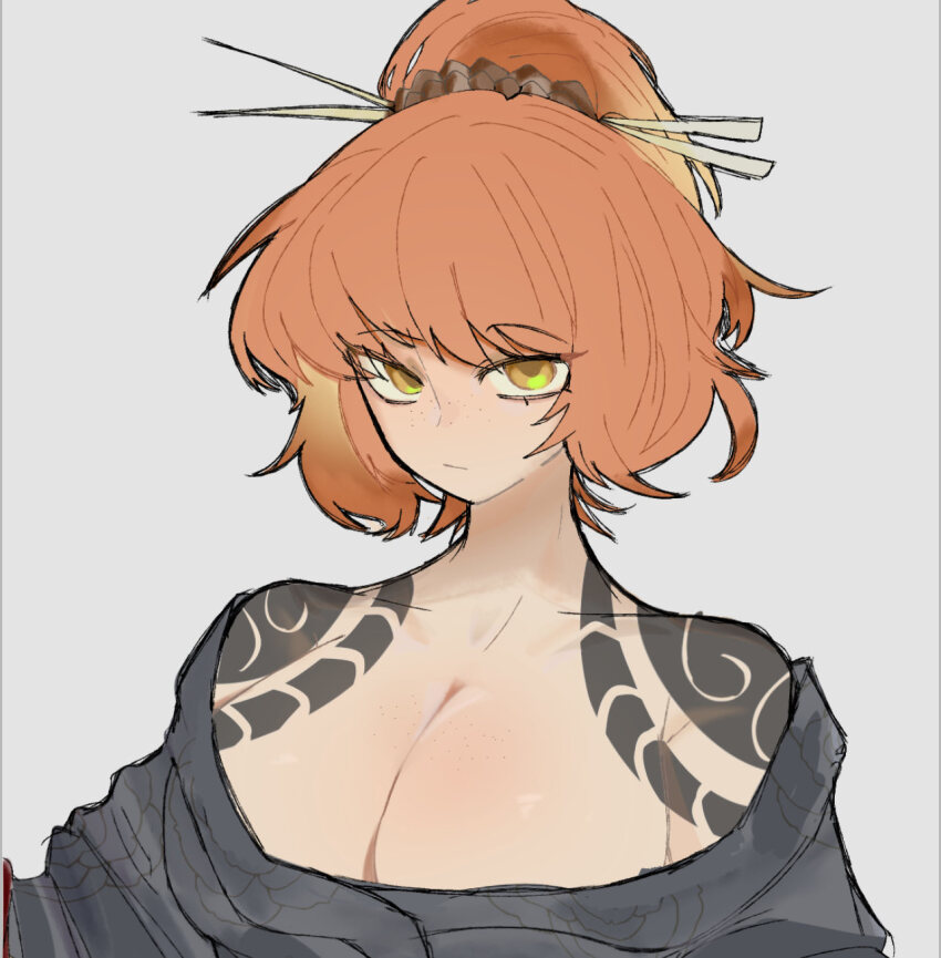 1girl, bare_shoulders, black_kimono, breasts, chest_tattoo, chopsticks, cleavage, closed_mouth, cloud_tattoo, empurpiee, freckles, highres, ishmael_(project_moon), japanese_clothes, katana, kimono, kurokumo_clan_(identity)_(project_moon), large_breasts, limbus_company, looking_at_viewer, orange_eyes, orange_hair, project_moon, shoulder_tattoo, simple_background, solo, sword, tattoo, weapon, white_background