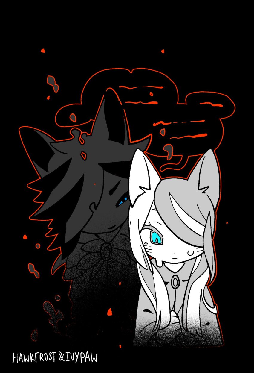 1boy, 1girl, age_difference, animal_ears, black_background, blue_eyes, brooch, cape