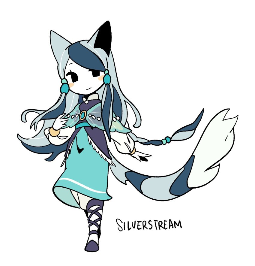 1girl, animal_ears, aqua_capelet, aqua_skirt, beads, black_eyes, blue_shirt, blush_stickers, bracelet, braid, capelet, cat_ears, cat_girl, cat_tail, character_name, chinese_commentary, commentary_request, deformed, flat_color, full_body, gold_bracelet, grey_hair, hair_beads, hair_ornament, highres, jewelry, long_hair, looking_at_viewer, multicolored_hair, personification, rehtaef, shirt, silverstream_(warrior_cats), simple_background, single_braid, skirt, smile, solo, standing, streaked_hair, tail, the_prophecies_begin, very_long_hair, warrior_cats, white_background