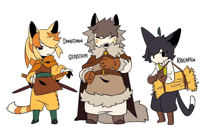 1girl, 2boys, ahoge, animal_ears, belt, black_eyes, black_hair, black_pants, blush_stickers, boots, brooch, brown_belt, brown_boots, brown_cape, brown_gloves, brown_tunic, cape, capelet, cat_boy, cat_ears, cat_girl, cat_tail, character_name, chinese_commentary, closed_eyes, commentary_request, deformed, detached_ahoge, facial_mark, fangs, flat_color, full_body, fur-trimmed_cape, fur_trim, gloves, graystripe, green_boots, green_vest, grey_hair, grey_shirt, hay_bale, highres, holding, jewelry, long_hair, long_sleeves, messy_hair, multiple_boys, open_mouth, orange_capelet, orange_hair, pants, personification, ponytail, ravenpaw, rehtaef, sandstorm_(warrior_cats), scabbard, sheath, shirt, short_eyebrows, short_hair, sidelocks, simple_background, standing, sweatdrop, sword, tail, the_prophecies_begin, tunic, vest, warrior_cats, weapon, whisker_markings, white_background, white_shirt, yellow_pants