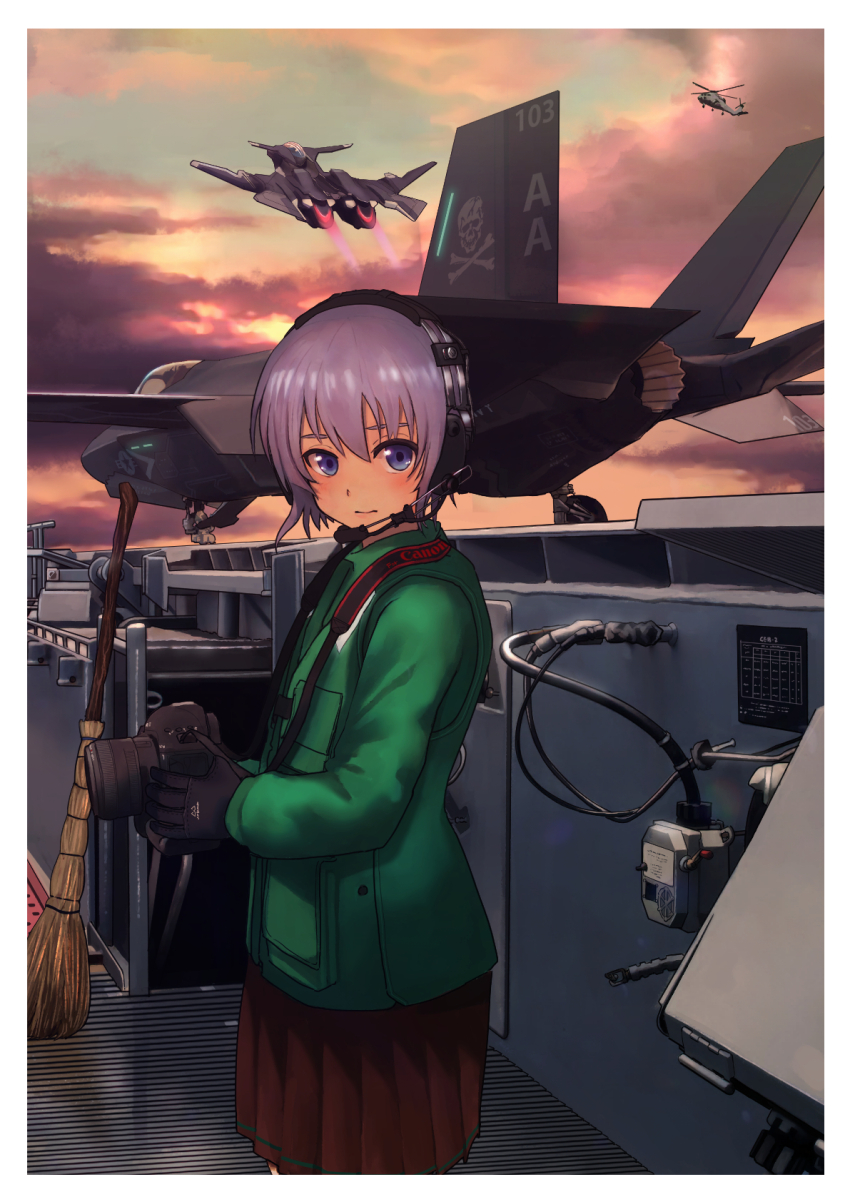 1girl, afterburner, aircraft, aircraft_carrier, airplane, black_gloves, blue_eyes, border, broom, camera, canon_(company), cloud, cloudy_sky, commentary_request, f-35_lightning_ii, ffr-41mr, fictional_aircraft, fighter_jet, flying, gloves, green_jacket, headset, highres, holding, holding_camera, jacket, jolly_roger, looking_at_viewer, military, military_vehicle, orange_sky, original, outdoors, purple_hair, purple_skirt, purple_sky, sentou_yousei_yukikaze, ship, skirt, sky, solo, sunset, takeoff, timmyyen, united_states_air_force, vehicle_request, warship, watercraft, white_border