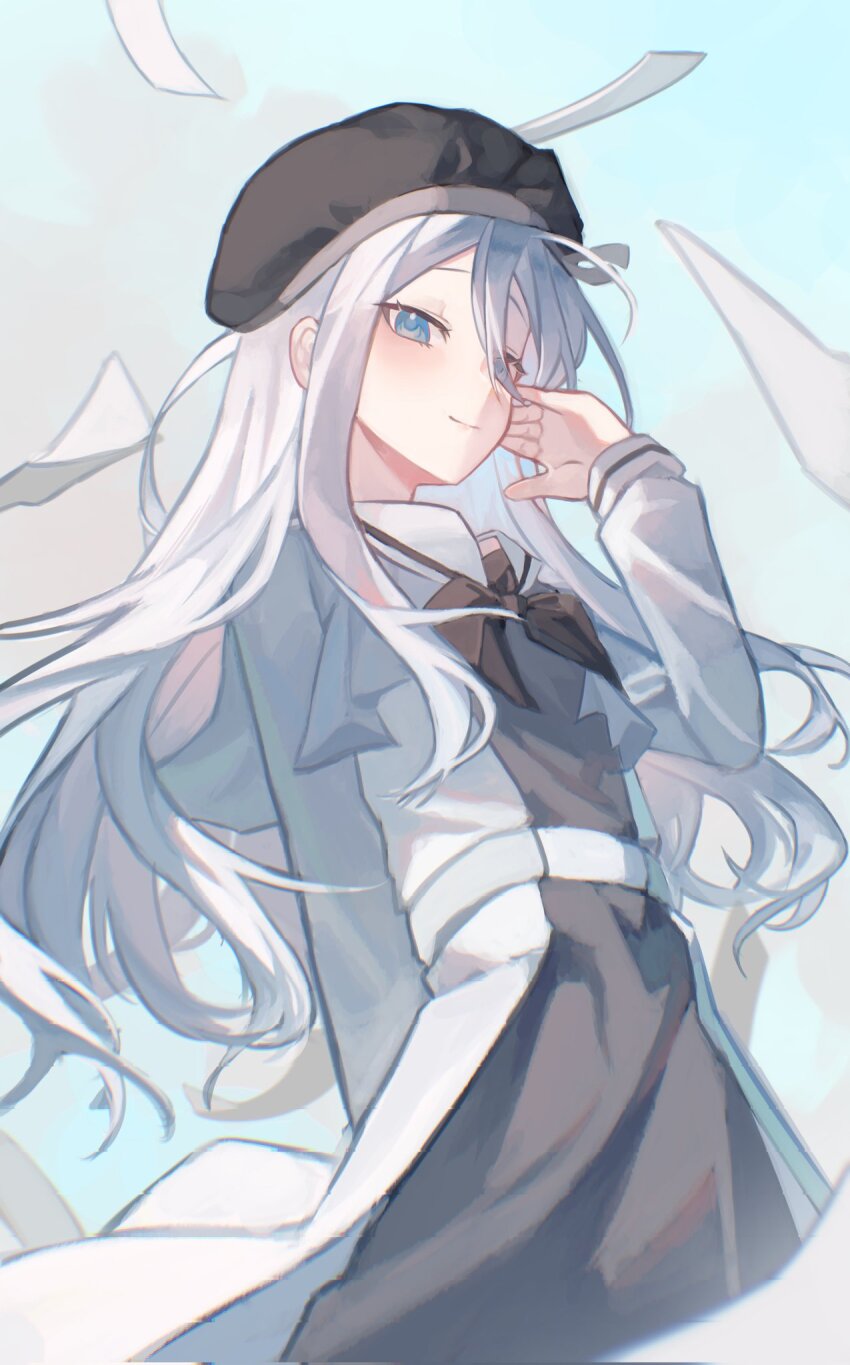 black_bow, black_hair, blue_background, blue_eyes, bow, collared_uniform, flying_paper, hair_between_eyes