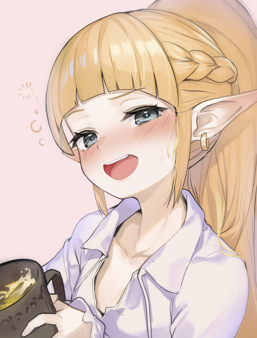 1girl, alcohol, blonde_hair, blue_eyes, blush, braid, collarbone, commentary_request