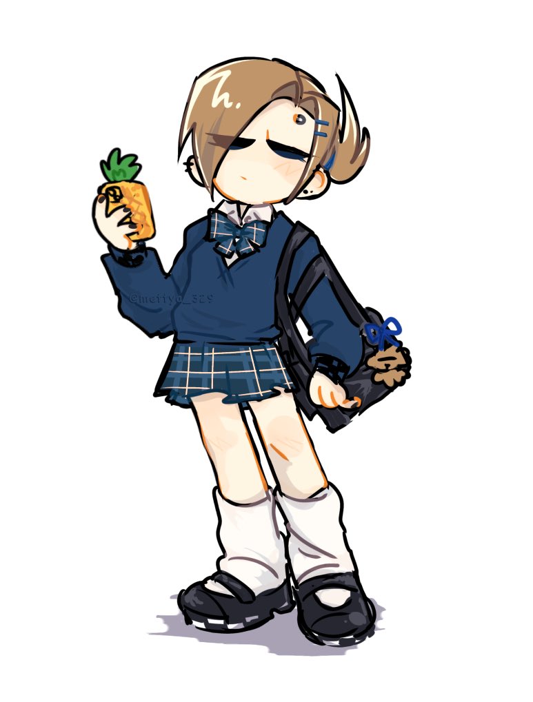 1girl, alternate_costume, bag, bag_charm, black_bag, black_shoes, blue_bow, blue_bowtie