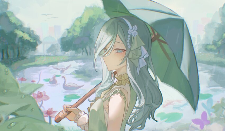 aqua_eyes, aqua_hair, choker, frilled_choker, frills, hair_between_eyes, hair_ornament, hairband