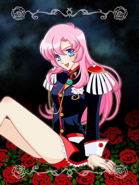 1990s_(style), 1girl, bike_shorts, blue_eyes, epaulettes, female_focus, flower, gradient_background, jewelry, long_hair, military, military_uniform, mizuki_ryou_(holic), pink_hair, plant, red_flower, red_rose, retro_artstyle, ring, rose, shoujo_kakumei_utena, smile, solo, tenjou_utena, white_flower, white_rose