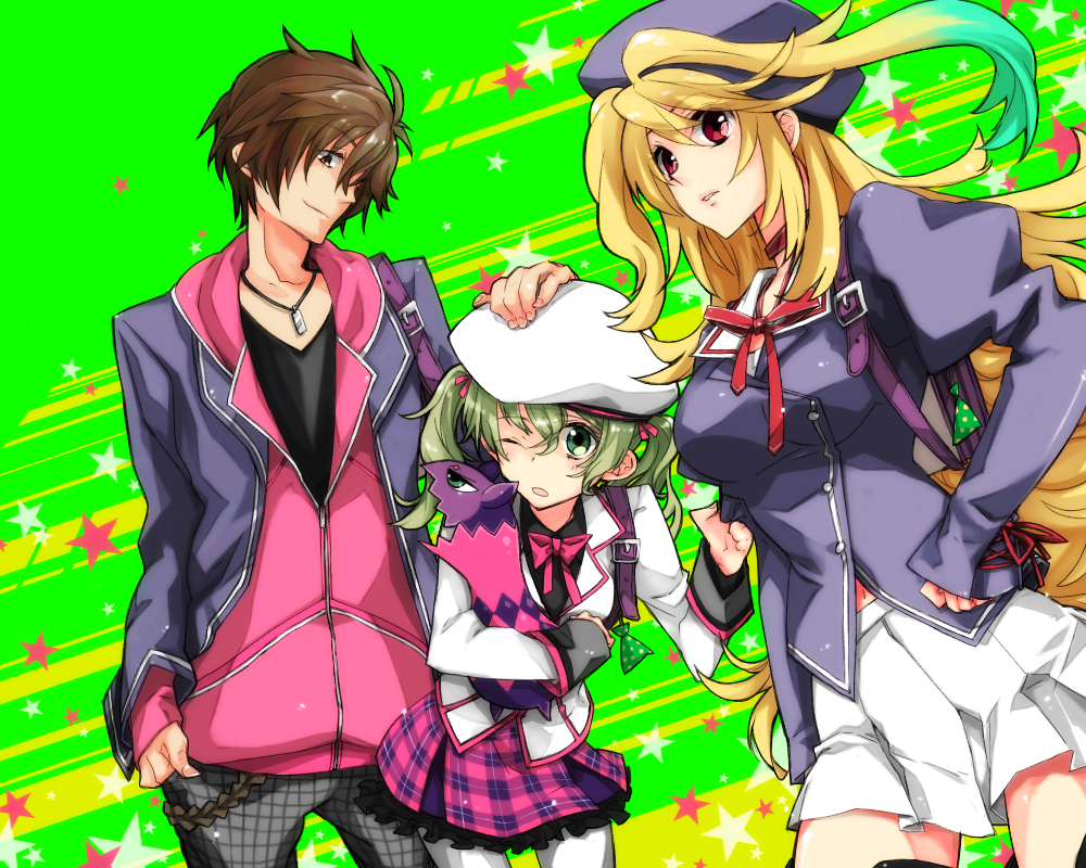 1boy, 2girls, ;d, ahoge, alternate_costume, alternate_hairstyle, alvin_(casual_outfit)_(tales), alvin_(tales)