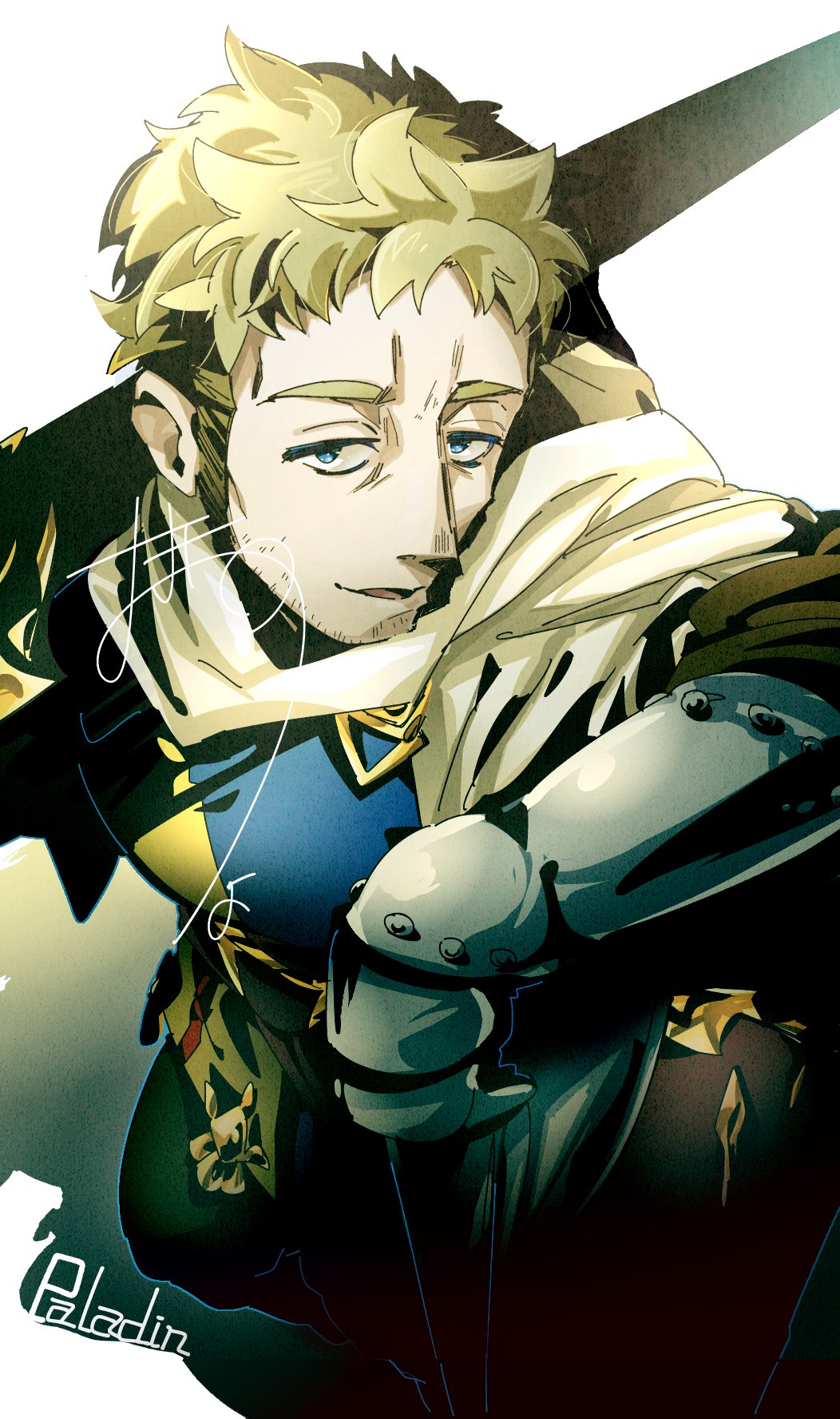 1boy, armor, beard_stubble, bertrand_de_gervaise, blonde_hair, blue_eyes, chicken_curry, etrian_odyssey
