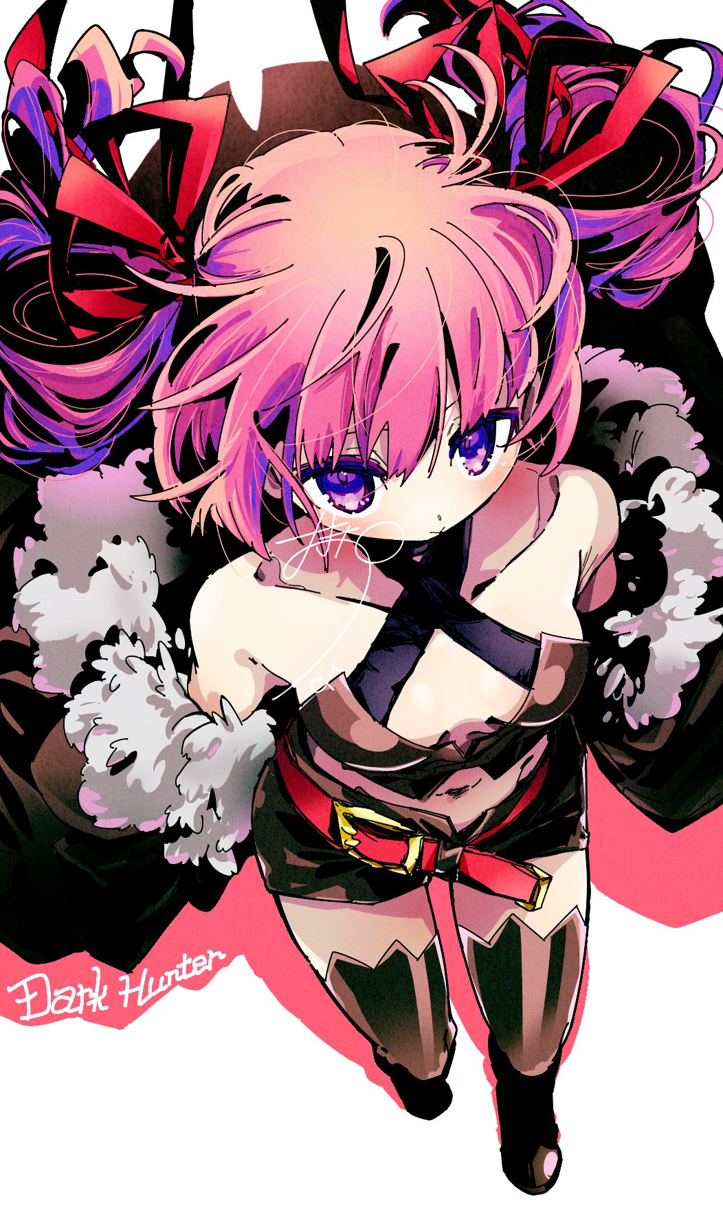 1girl, boots, breasts, chicken_curry, cleavage, coat, dark_hunter, dark_hunter_(sekaiju)