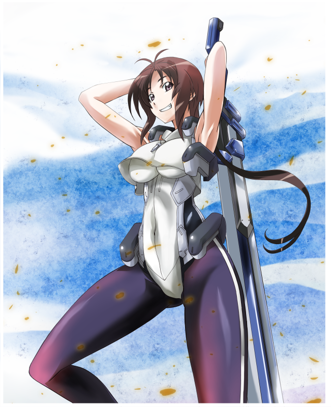1girl, armpits, arms_up, bodysuit, breasts, brown_hair, female_focus, kyoukaisenjou_no_horizon, large_breasts, leg_up, legs, long_hair, long_legs, mikage_nao, oriotorai_makiko, pantyhose, solo, sword, thighs, underboob, weapon