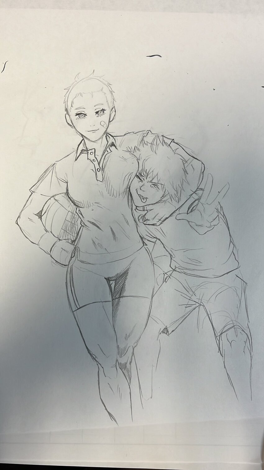 1boy, 1girl, alternate_hair_length, alternate_hairstyle, arm_around_neck, ball, bandaid, bandaid_on_cheek