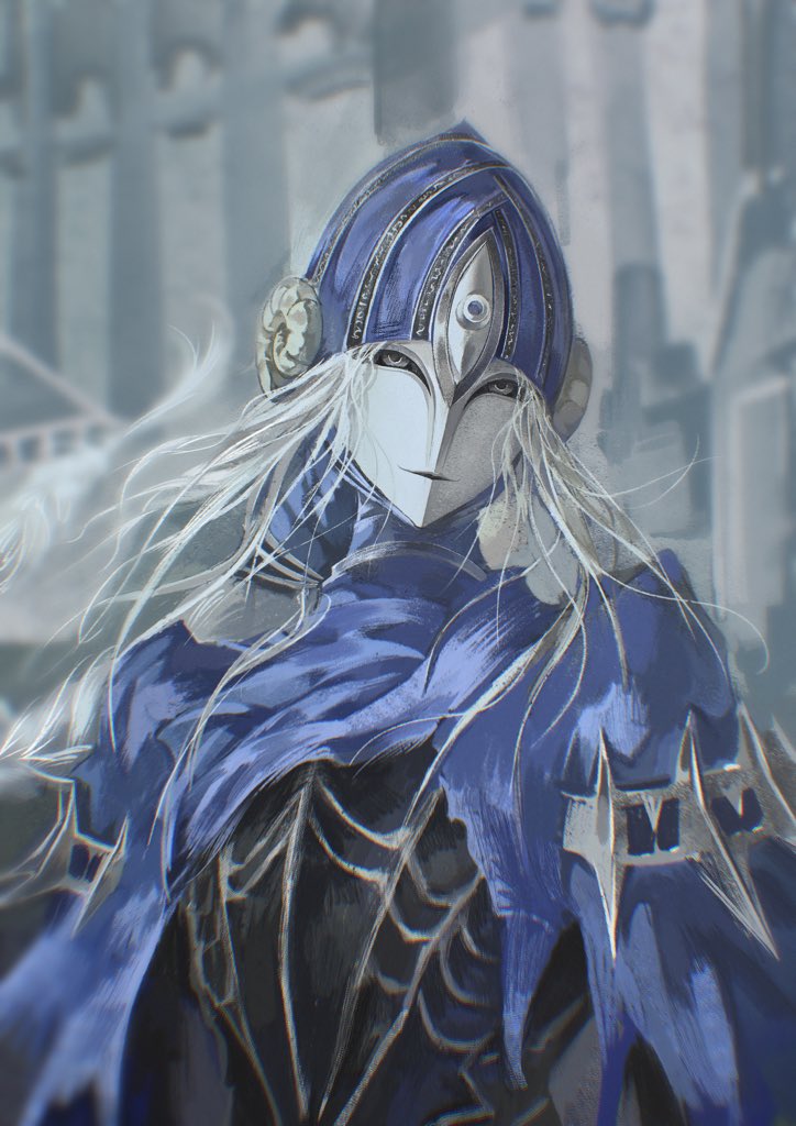 1girl, armor, blonde_hair, blue_cloak, blurry, blurry_background, cloak, commentary