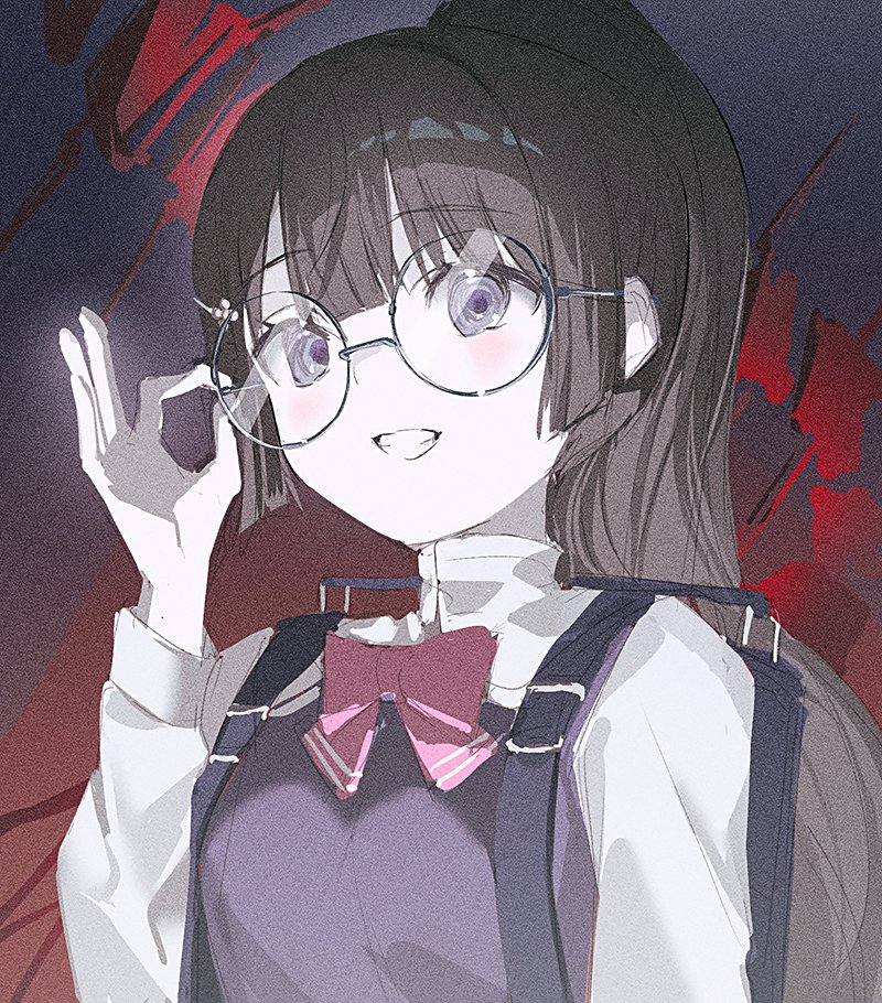 1girl, adjusting_eyewear, backpack, bag, black_hair, black_sweater_vest, bow, bowtie, cosplay, film_grain, fukurai_azami, fukurai_azami_(cosplay), glasses, hand_on_eyewear, hand_up, hashtag-only_commentary, long_hair, long_sleeves, looking_at_viewer, nijisanji, ok_sign, ponytail, red_bow, red_bowtie, round_eyewear, school_uniform, shirt, smile, solo, sweater_vest, toshi_densetsu_kaitai_center, tsukino_mito, upper_body, virtual_youtuber, white_shirt, yur1ca