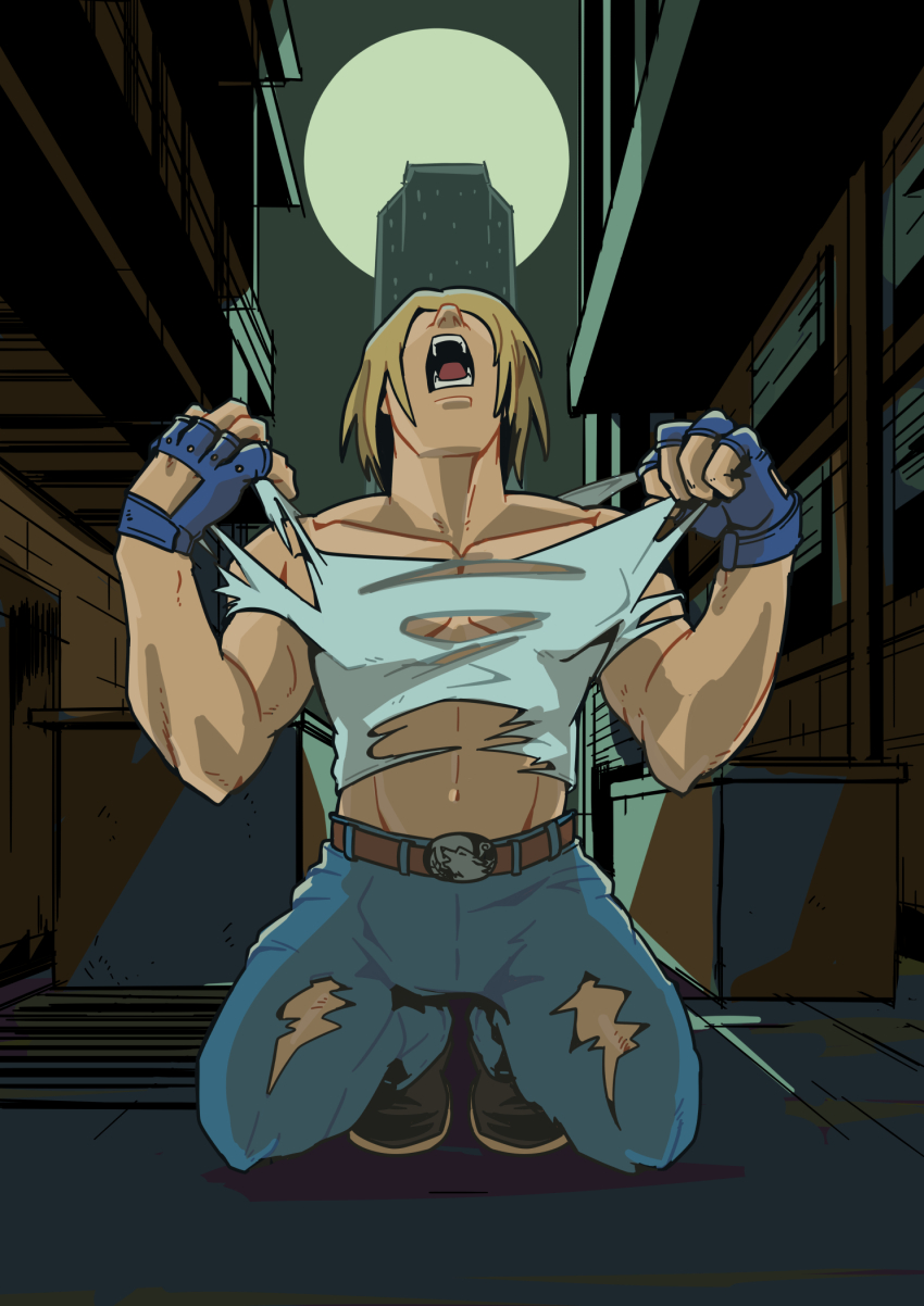 1boy, blonde_hair, commentary, denim, electrictiger12, english_commentary, fatal_fury, fatal_fury:_city_of_the_wolves