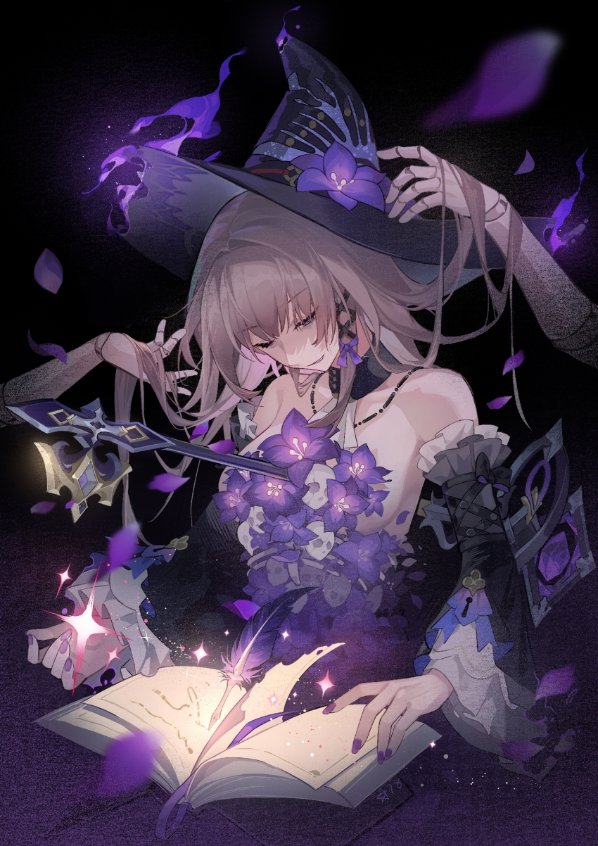 3girls, adapted_costume, black_background, black_hat, book, brown_hair, commentary_request, detached_sleeves, doll_joints, dual_persona, fingernails, fire, flower, hat, hat_flower, herta_(honkai:_star_rail), herta_(puppet)_(honkai:_star_rail), herta_(rubert_iii)_(honkai:_star_rail), highres, holding_another's_hair, honkai:_star_rail, honkai_(series), impaled, joints, key, long_fingernails, long_hair, looking_down, multiple_girls, nail_polish, one_eye_closed, open_book, out_of_frame, parted_lips, purple_eyes, purple_fire, purple_flower, purple_nails, quill, solo_focus, the_herta_(honkai:_star_rail), witch_hat, xingqiba_(974528265)
