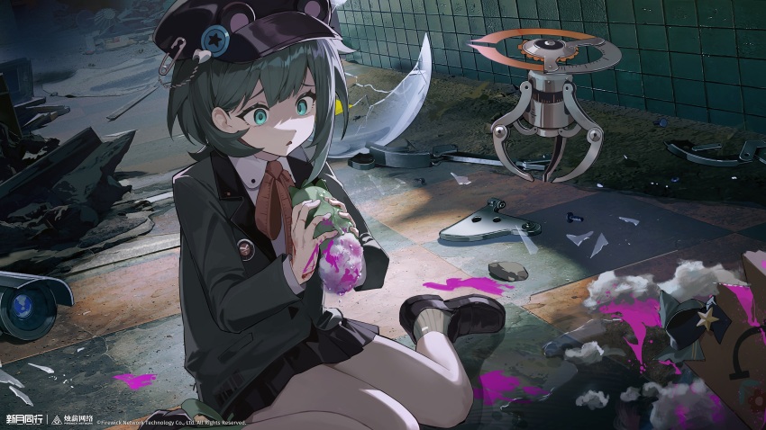 1girl, absurdres, animal_ear_headwear, black_hat, black_shoes, black_skirt, blazer, broken_stuffed_toy