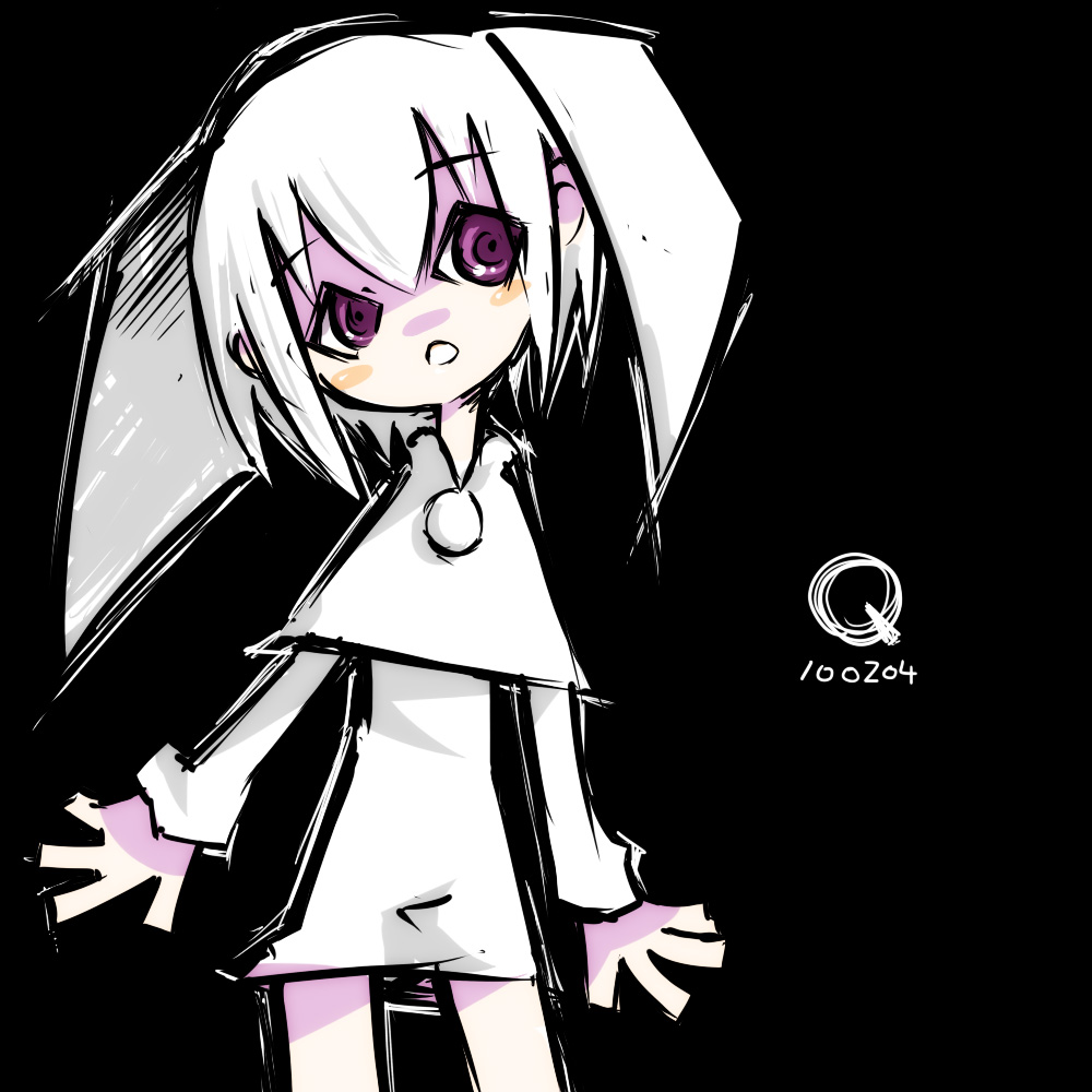 1girl, black_background, dress, female_focus, long_sleeves, mot_(anticycle), purple_eyes, q.ko, q.ko-chan, qu00b7ko-chan, short_hair, skirt, solo, white_dress, white_hair, white_skirt