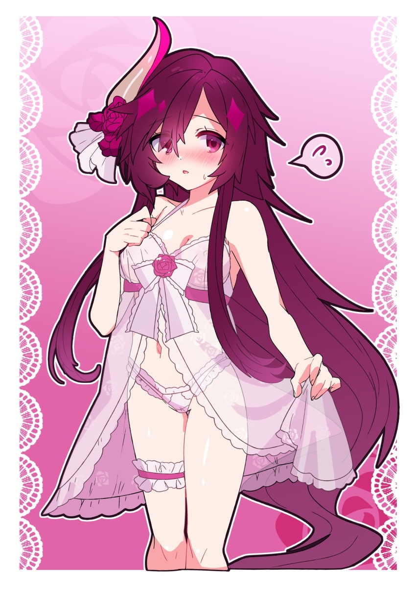 1girl, averting_eyes, blush, bra, breasts, camisole, camisole_lift, cleavage