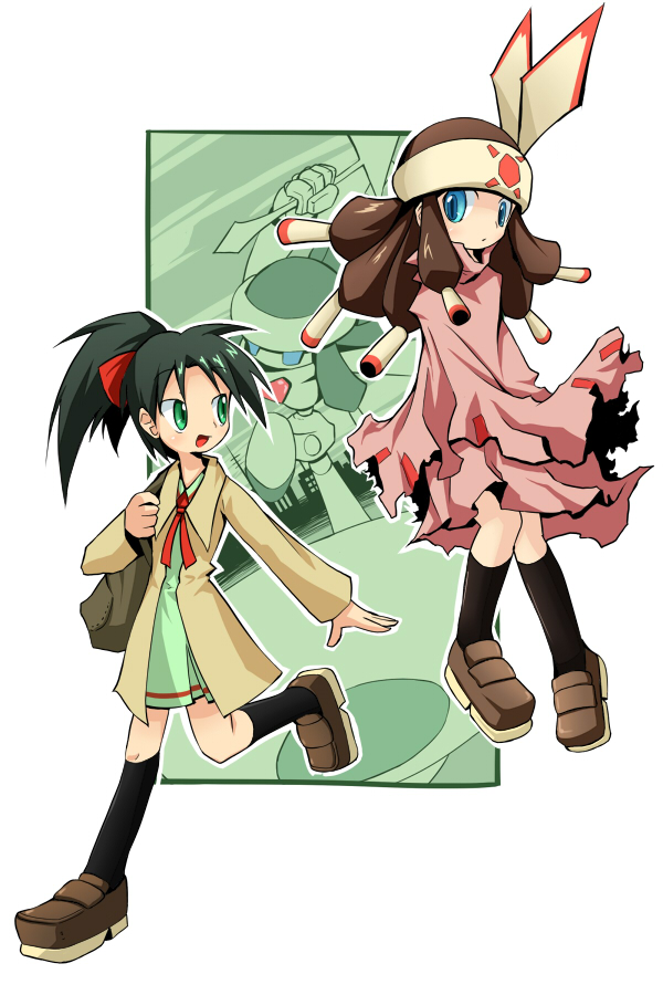 2girls, bag, black_legwear, blue_eyes, brown_hair, dress, green_dress, green_eyes