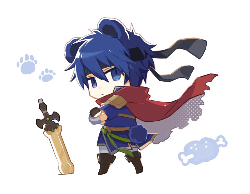 1boy, animal_ears, bear_ears, bear_tail, blue_eyes, blue_hair, cape, chibi