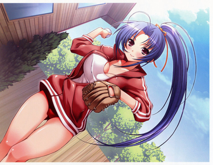 1girl, absurdres, ahoge, baseball, baseball_glove, blue_hair, blue_sky, blush, body_blush, bouncing_breasts, breasts, buruma, cameltoe, cleavage, cloud, day, dutch_angle, female_focus, fence, highres, house, jacket, kiya_shii, large_breasts, long_hair, nitta_akira, original, ponytail, purple_eyes, sakura_sakura, sky, sleeves_pushed_up, smile, solo, tank_top, thigh_gap, thighs, track_jacket, unzipped