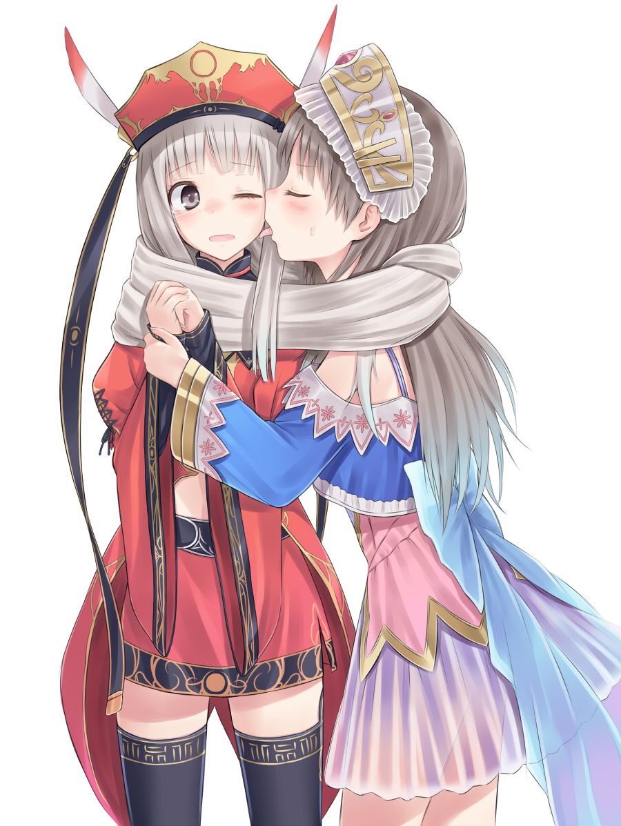 2girls, atelier_(series), atelier_judie, atelier_totori, black_legwear, blush, closed_eyes, couple