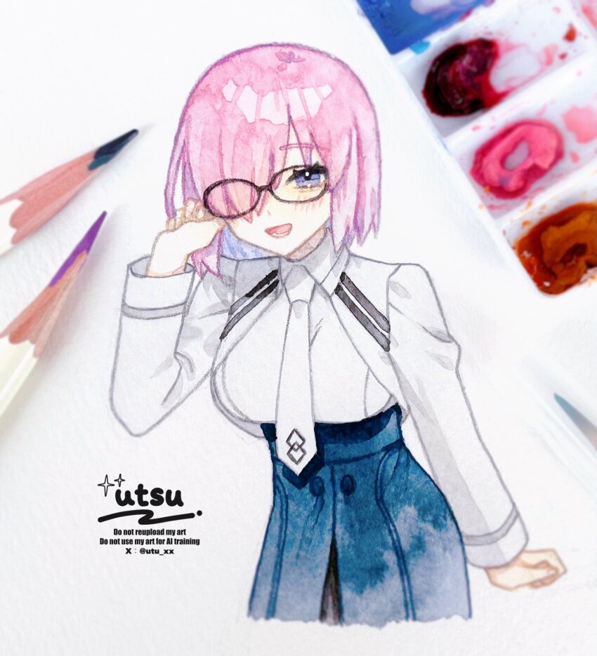 1girl, :d, arm_at_side, art_tools_in_frame, artist_name, black-framed_eyewear, black_skirt, blush