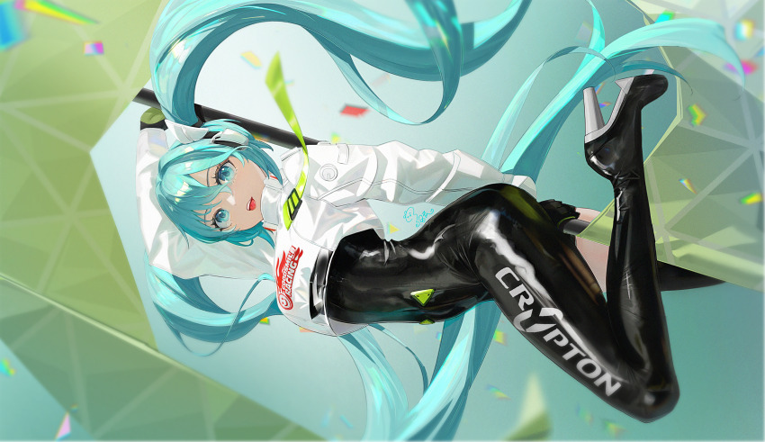 1girl, aqua_eyes, aqua_hair, asymmetrical_legwear, black_bodysuit, black_gloves, black_thighhighs, bodysuit