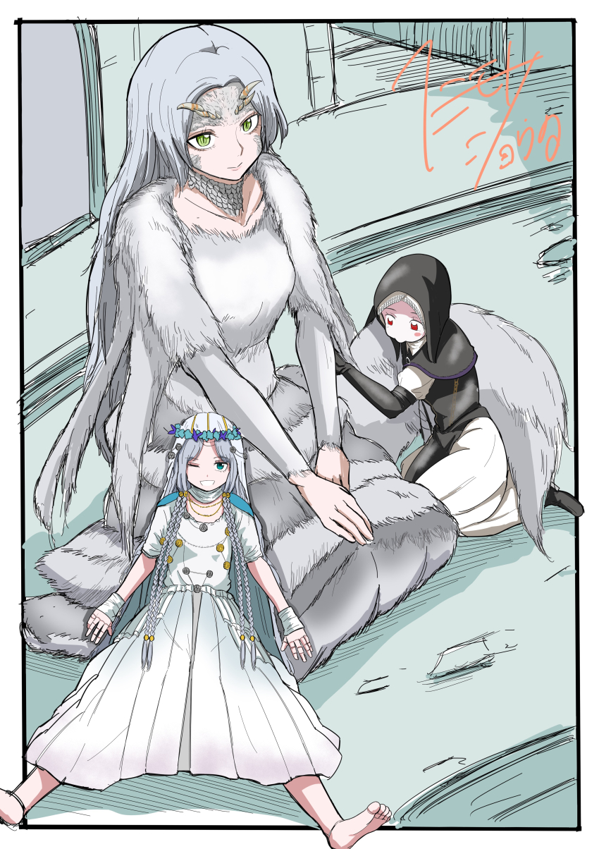 3girls, absurdres, barefoot, black_capelet, black_hood, blush, border, capelet, closed_mouth, commentary_request, company_connection, dark_souls_(series), dark_souls_i, doll, doll_joints, dragon_girl, elden_ring, elden_ring_nightreign, fromsoftware, green_eyes, grey_hair, highres, joints, long_hair, miya_zirou, multiple_girls, one_eye_closed, outside_border, priscilla_the_crossbreed, red_eyes, revenant_(elden_ring), slit_pupils, smile, tail, undertaker_(elden_ring), very_long_hair, white_border