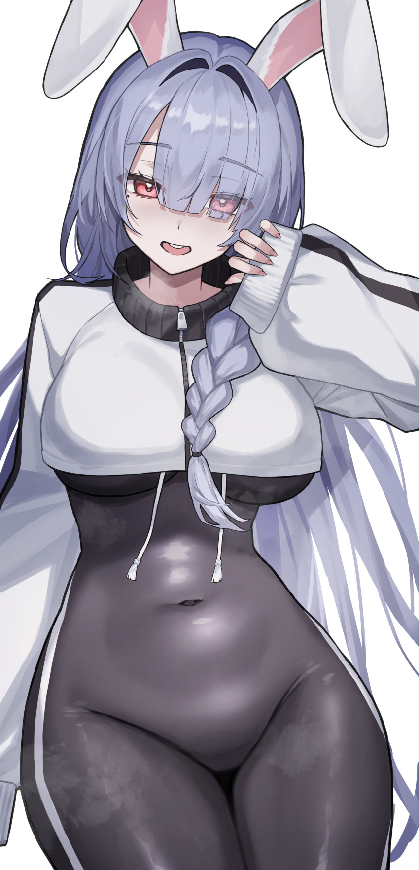 1girl, absurdres, animal_ears, black_bodystocking, black_hoodie, braid, commentary_request, commission