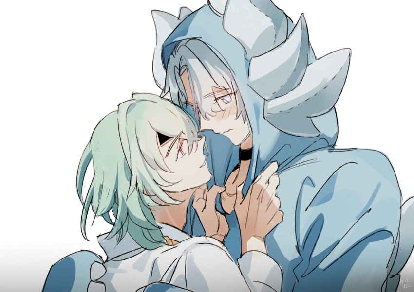 2boys, adjusting_clothes, anaxa_(honkai:_star_rail), anaxa_(honkai:_star_rail)_(cosplay), anaxa_(whatsamatta)_(honkai:_star_rail), blue_eyes, blush, commentary_request