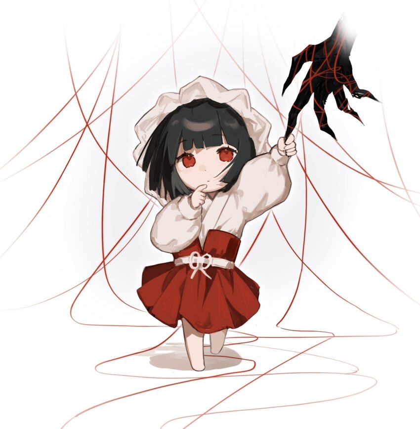 1girl, 1other, aged_down, baby, black_hair, bonnet, closed_mouth, dot_nose