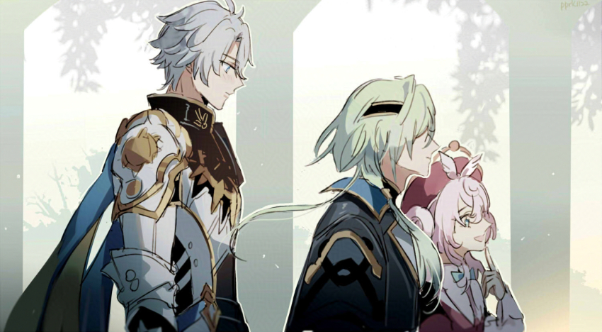 1girl, 2boys, anaxa_(honkai:_star_rail), arch, armor, black_hairband, black_jacket, blue_cape