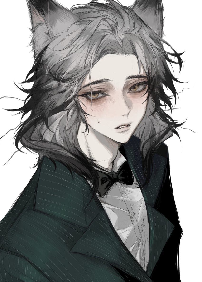 1boy, absurdres, animal_ear_fluff, animal_ears, banzhi_xiao_mi, black_bow, black_bowtie, black_hair
