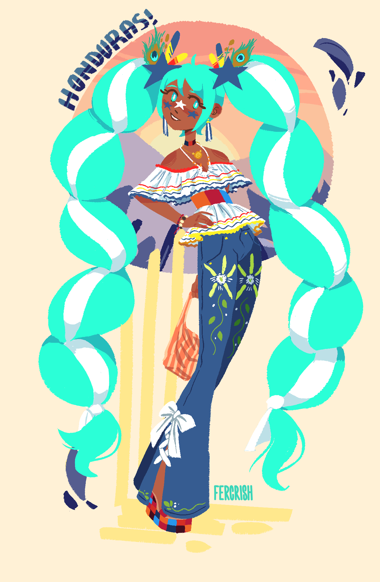 1girl, alternate_skin_color, aqua_eyes, aqua_hair, artist_name, bag, bare_shoulders, bell-bottoms