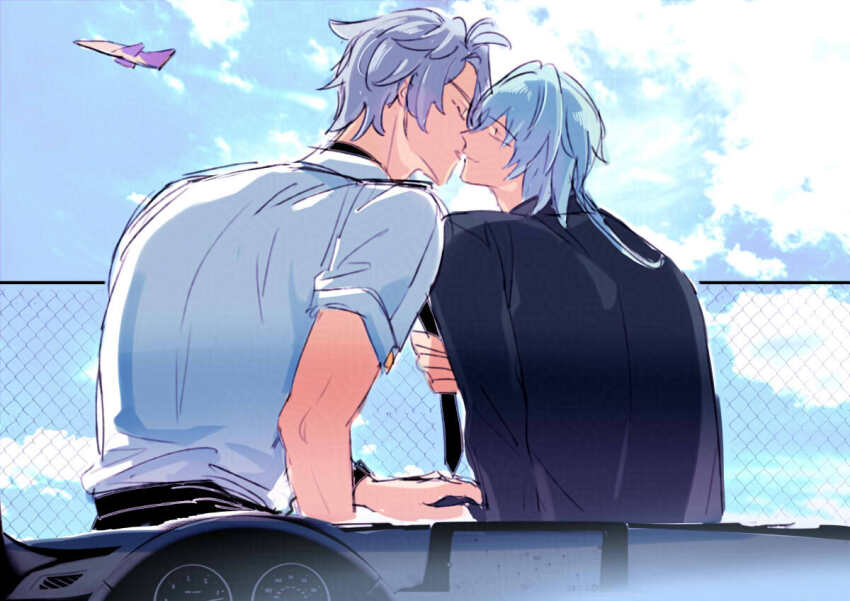 2boys, aircraft, airplane, anaxa_(honkai:_star_rail), black_necktie, black_shirt, blue_hair, car, chain-link_fence, closed_eyes, collared_shirt, commentary_request, fence, grey_hair, honkai:_star_rail, honkai_(series), kiss, korean_commentary, long_sleeves, male_focus, mixed-language_commentary, motor_vehicle, multiple_boys, necktie, on_car, paprika_(pprk1122), phainon_(honkai:_star_rail), pulling_another's_necklace, shirt, short_sleeves, sketch, smile, upper_body, white_shirt, yaoi