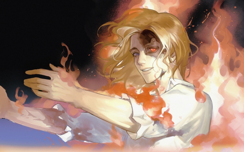 1boy, absurdres, artificial_eye, blonde_hair, blue_eyes, commentary, english_commentary, fire