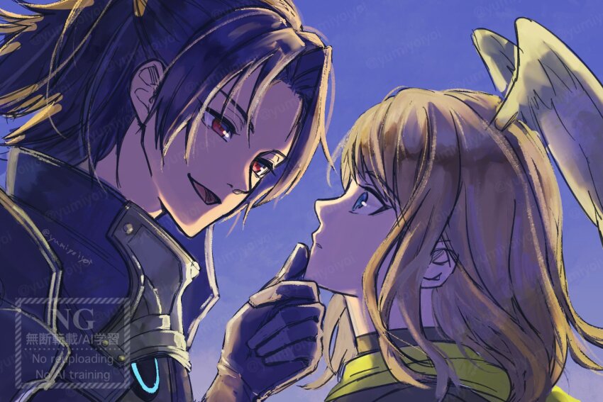 2girls, ashera_(xenoblade), black_hair, blue_sky, brown_hair, commentary_request, dark-skinned_female, dark_skin