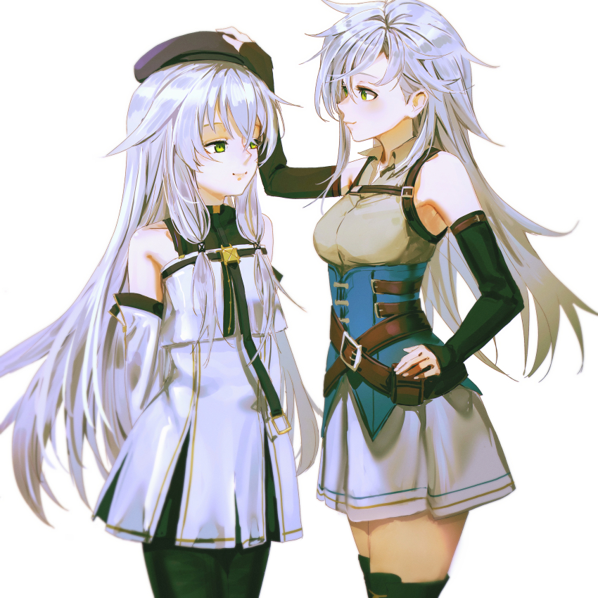 2girls, absurdres, altina_orion, bare_shoulders, beret, black_pantyhose, blue_corset, boots