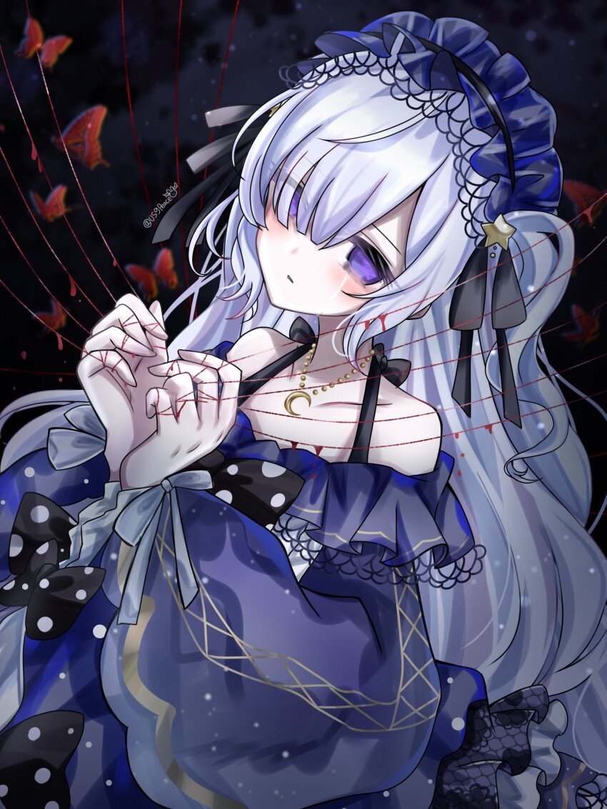 1girl, black_background, blood, blue_dress, blue_hairband, bug, butterfly, commentary
